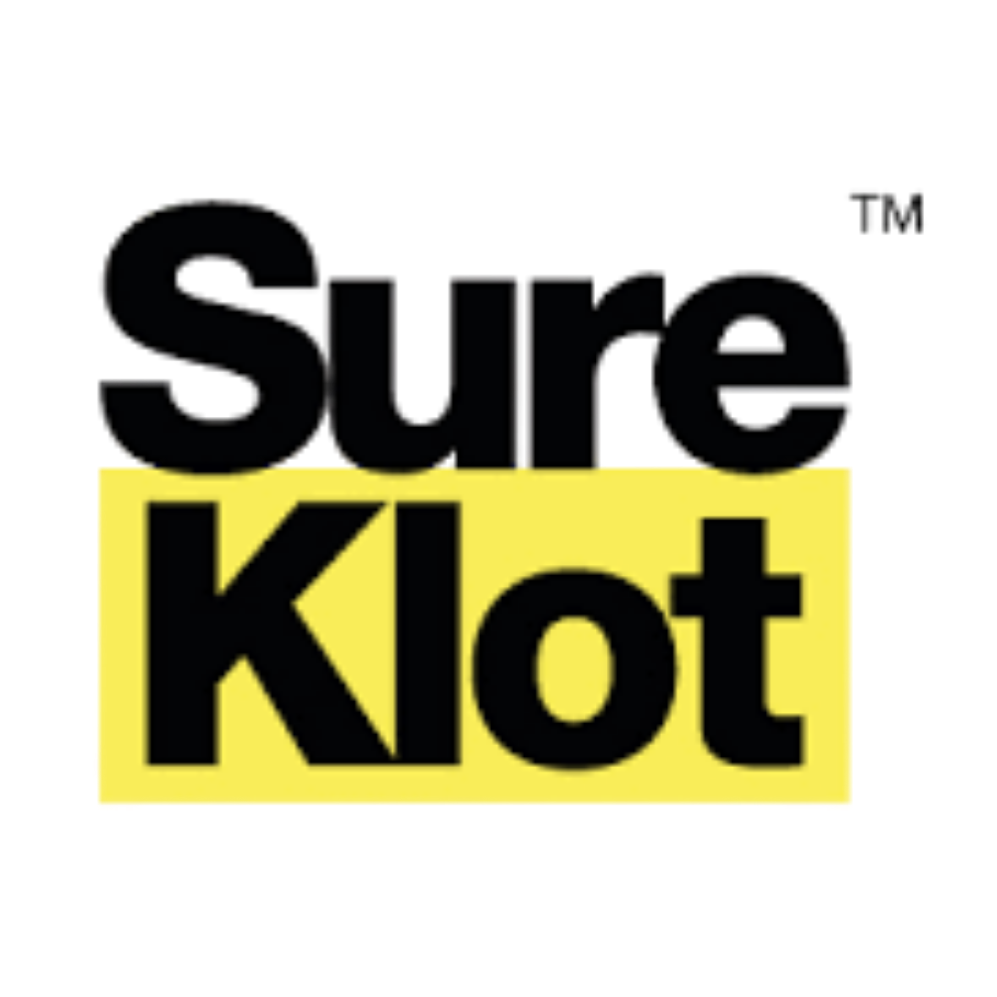 Kleidungsetikett, Sure Klot Logo, Brandetikett, Textilesign, Label auf Stoff, logo, Beschriftung, gelber Hintergrund, schwarzer Text, Klot