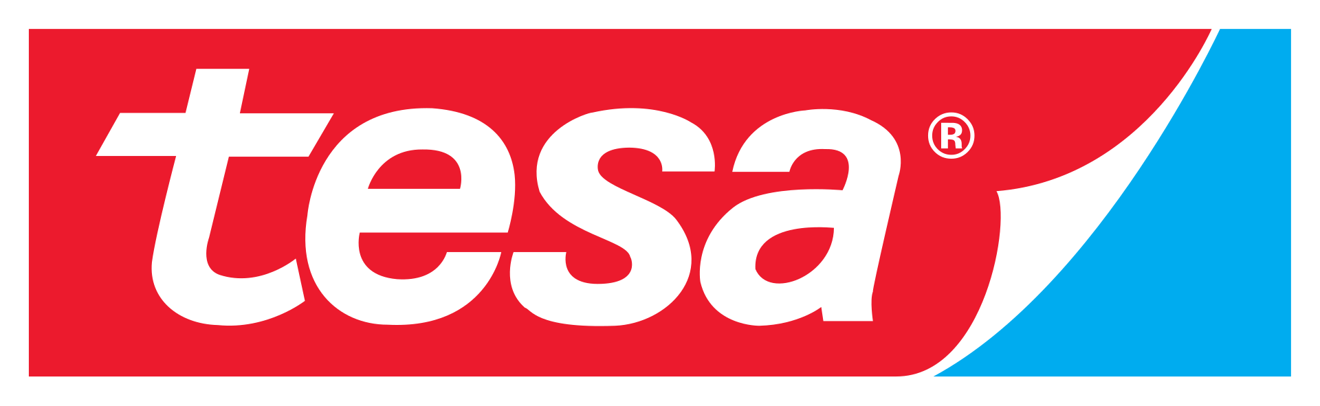 Logo, Marke, roter Hintergrund, weiße Buchstaben, blauer Schwung